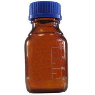 Frasco Reagente Vidro Borosilicato Ambar Graduado com Tampa Rosca Azul Anti Gota 100ml
